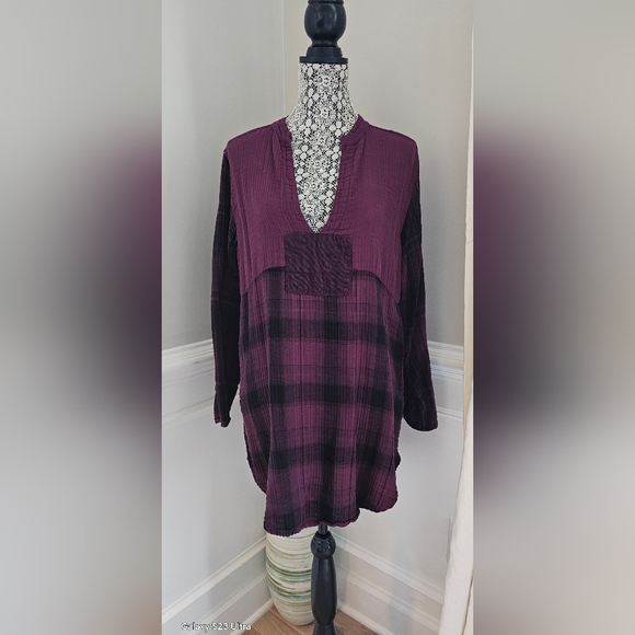 Free People CP Shades Gauze Cotton Burgundy Plaid Tunic S, Runs Large P2P 21.5" - Picture 5 of 7